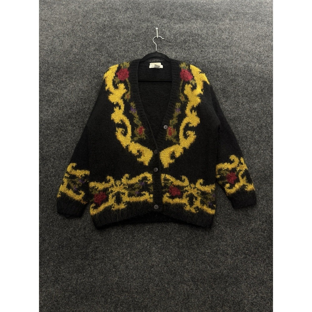 Gallagher Hand Knit Cardigan Women's Medium Black Mohair Floral Vintage
